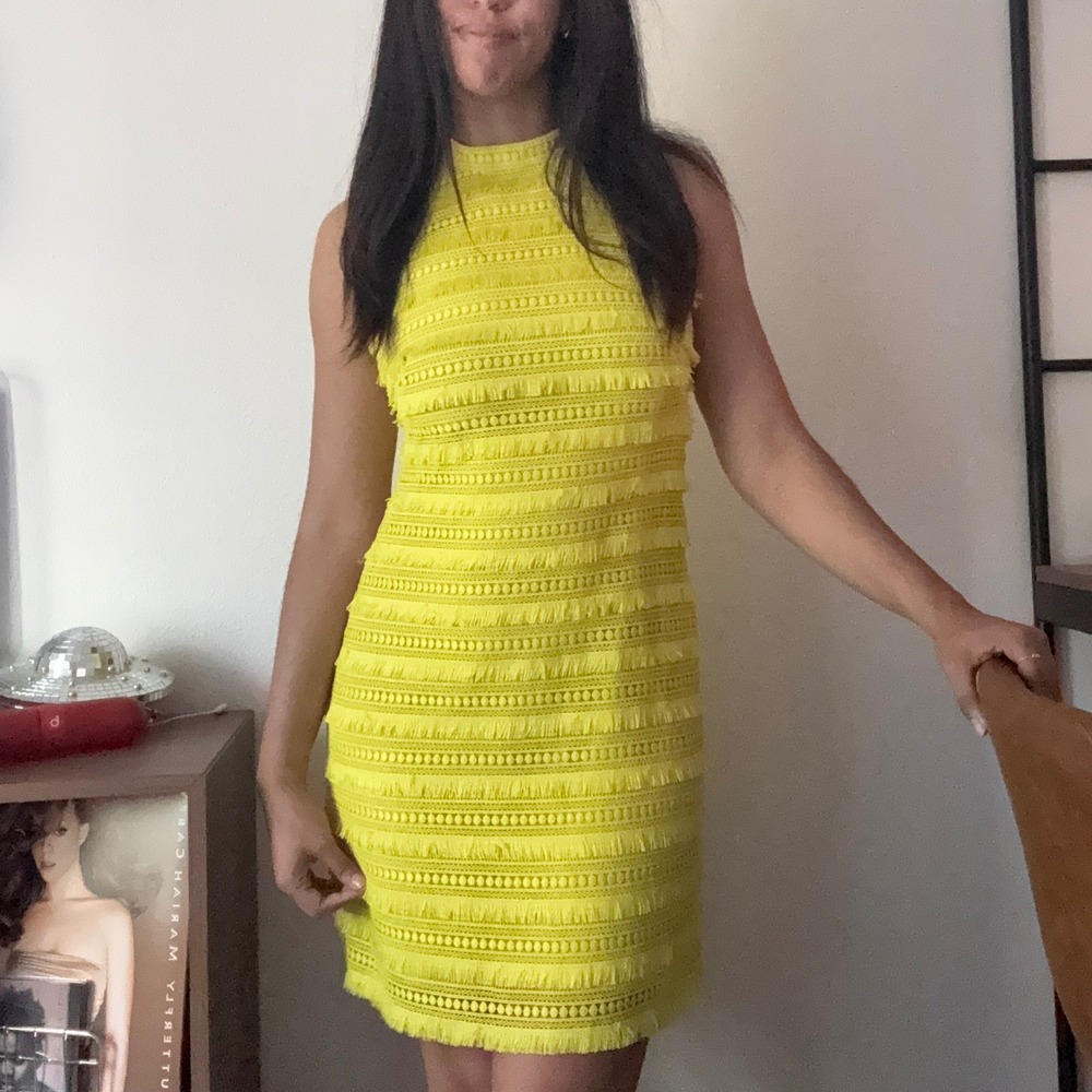J.Crew Neon Yellow Fringe Lace High Neck Sleeveless Sheath Dress Size 4